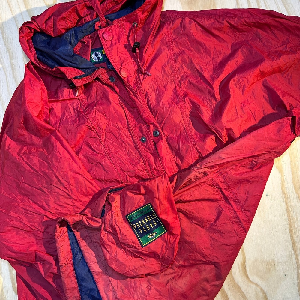 Eddie Bauer EBTEK Mens XL Red Packable Parka Vintage Nylon Hooded Jacket
